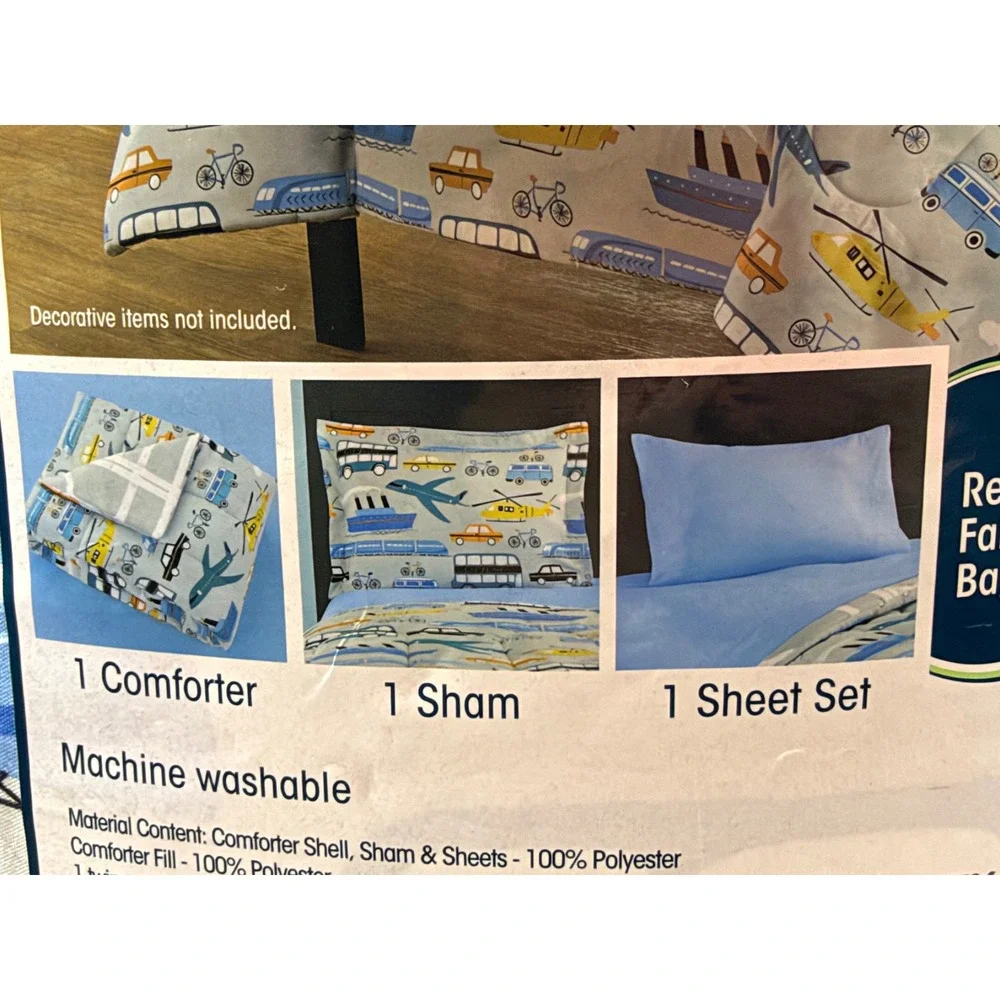 NEW Your Zone Cityline Twin Bedding Set 5 Piece Comforter Sheets Airplane Car